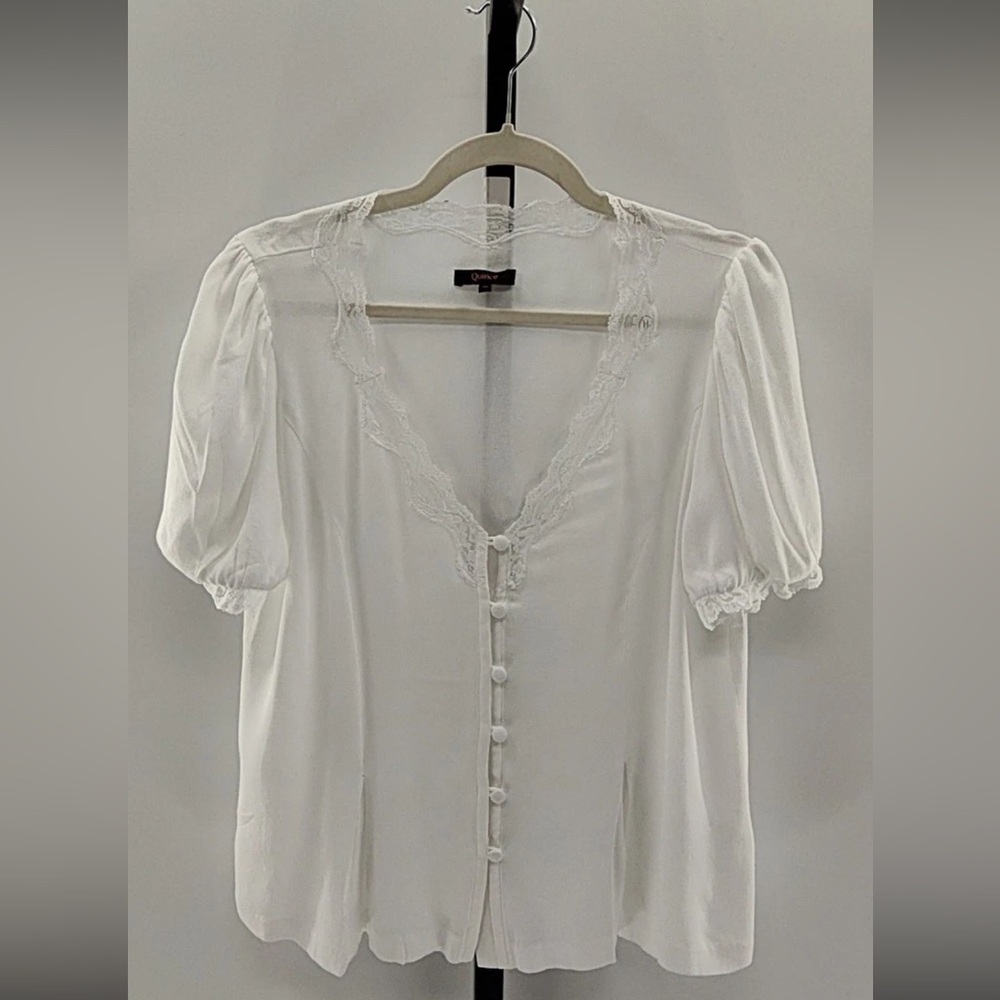 NWT Quince Women Lightweight Crepe Lace Puff Sleeve Blouse Ivory - Picture 2 of 8
